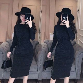 Đầm body kim tuyến cổ tròn nhúng eo tay dài