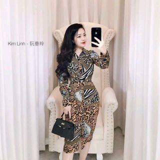 Đầm body cổ sơ mi họa tiết da beo rắn