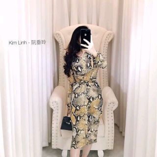 Đầm body cổ sơ mi họa tiết da beo rắn