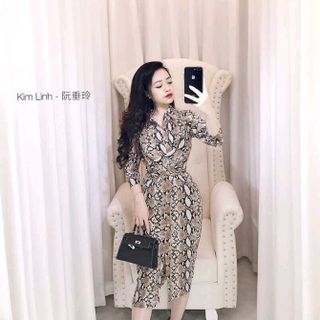 Đầm body cổ sơ mi họa tiết da beo rắn
