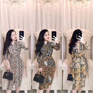 Đầm body cổ sơ mi họa tiết da beo rắn