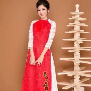 SET ÁO DÀI LỤA  TAY REN THÊU  LAN  KÈM CHÂN VÁY REN7