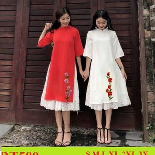 SET ÁO DÀI LỤA  THÊU  LAN  KÈM CHÂN VÁY REN1