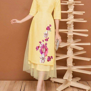 SET ÁO DÀI LỤA  THÊU HOA LAN   PHỐI LƯỚI KÈM CHÂN VÁY