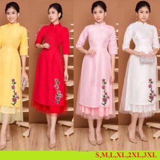 SET ÁO DÀI LỤA  THÊU LAN PHỐI LƯỚI  CHÂN VÁY1
