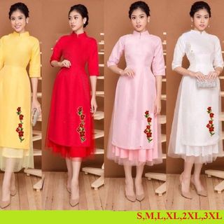SET ÁO DÀI LỤA  THÊU LAN PHỐI LƯỚI  CHÂN VÁY1
