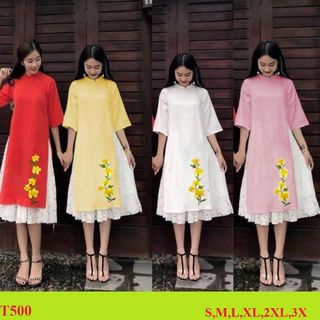 SET ÁO DÀI LỤA  THÊU  LAN  KÈM CHÂN VÁY REN2