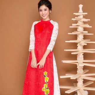 SET ÁO DÀI LỤA  TAY REN THÊU  LAN  KÈM CHÂN VÁY REN8