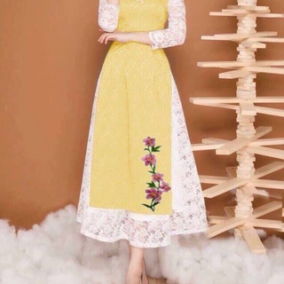 SET ÁO DÀI LỤA  TAY REN THÊU  LAN  KÈM CHÂN VÁY REN4