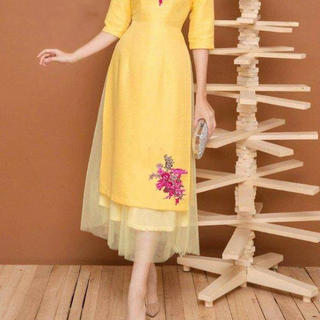 SET ÁO DÀI LỤA  THÊU ĐÍNH NGỌC  PHỐI LƯỚI KÈM CHÂN VÁY