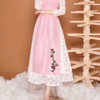 SET ÁO DÀI LỤA  TAY REN THÊU  LAN  KÈM CHÂN VÁY REN9