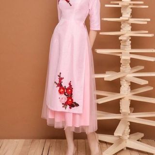 SET ÁO DÀI LỤA  THÊU HOA ĐÀO  PHỐI LƯỚI KÈM CHÂN VÁY3