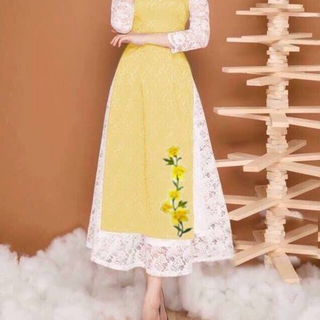 SET ÁO DÀI LỤA  TAY REN THÊU  LAN  KÈM CHÂN VÁY REN5