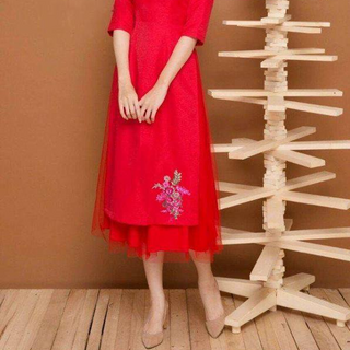 SET ÁO DÀI LỤA  THÊU ĐÍNH NGỌC  PHỐI LƯỚI KÈM CHÂN VÁY3