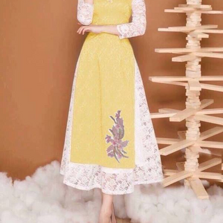 SET ÁO DÀI LỤA  TAY REN ĐÍNH NGỌC  KÈM CHÂN VÁY REN2
