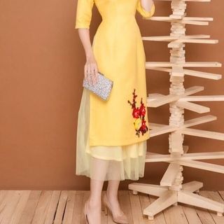 SET ÁO DÀI LỤA  THÊU HOA ĐÀO  PHỐI LƯỚI KÈM CHÂN VÁY4