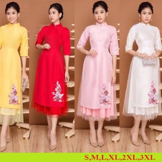 SET ÁO DÀI LỤA  THÊU ĐÍNH NGỌC  PHỐI LƯỚI KÈM CHÂN VÁY4
