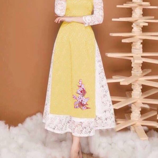 SET ÁO DÀI LỤA  TAY REN ĐÍNH NGỌC  KÈM CHÂN VÁY REN3