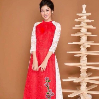 SET ÁO DÀI LỤA  TAY REN THÊU  LAN  KÈM CHÂN VÁY REN6