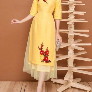 SET ÁO DÀI LỤA  THÊU HOA ĐÀO  PHỐI LƯỚI KÈM CHÂN VÁY4
