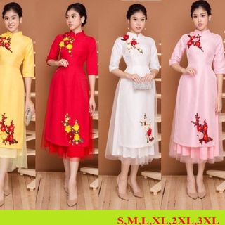 SET ÁO DÀI LỤA  THÊU HOA ĐÀO  PHỐI LƯỚI KÈM CHÂN VÁY4