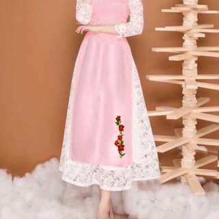 SET ÁO DÀI LỤA  TAY REN THÊU  LAN  KÈM CHÂN VÁY REN11