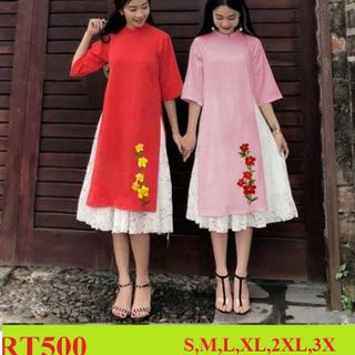 SET ÁO DÀI LỤA  THÊU  LAN  KÈM CHÂN VÁY REN