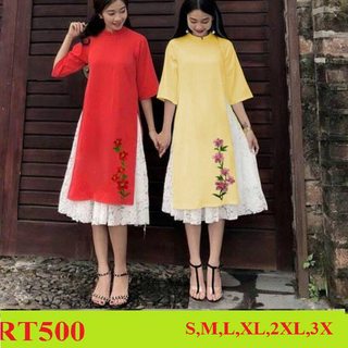 SET ÁO DÀI LỤA  THÊU  LAN  KÈM CHÂN VÁY REN