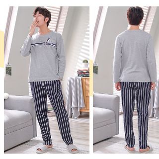 Bộ đồ mặc nhà NỮ áo xám thịnh hành phối quần kẻ sọc nổi bật 230
