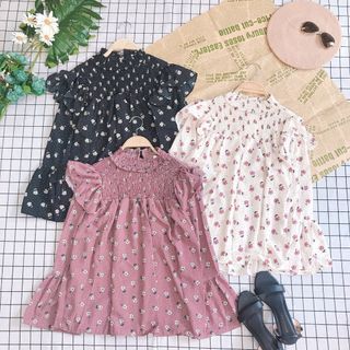 Áo hoa viền bèo Cố kín nhíu thun tay bèo