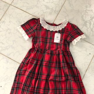 Đầm sọc caro đỏ phối ren trắng xòe nhẹ nhún eo HIKARI-19
