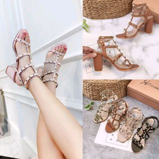 Giày sandal gót trụ 7p tán đinh phong cách thời trang 2019