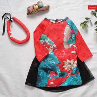 Áo dài hoa sen gấm Nhật Nunakids