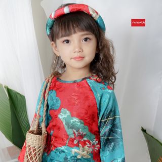 Áo dài hoa sen gấm Nhật Nunakids