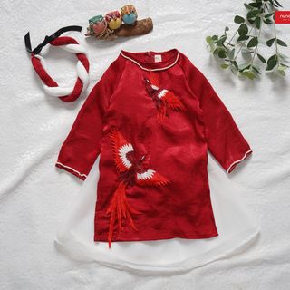 Áo dài gấm lụa Chim Phượng Nunakids