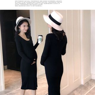 Đầm Bầu Thu Đông - Váy Len Ôm Cổ Tim-Đen