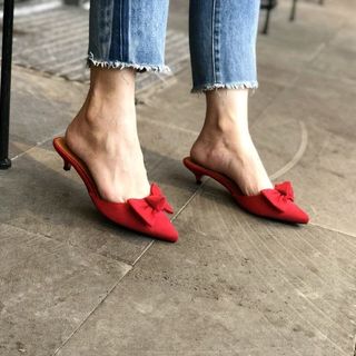 Dép da lộn đính nơ gót nhọn 4p