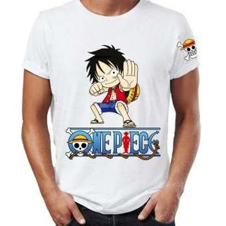 Áo thun One Piece in hình Luffy Chibi Áo Trắng In 2 Mặt In Tay Áo - Mẫu 3