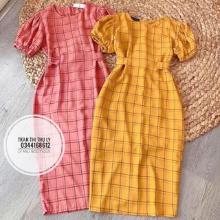 đầm caro vàng hồng