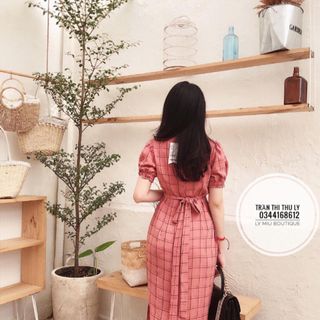 đầm caro vàng hồng
