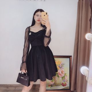 đầm nhung nhún ngực tay ren