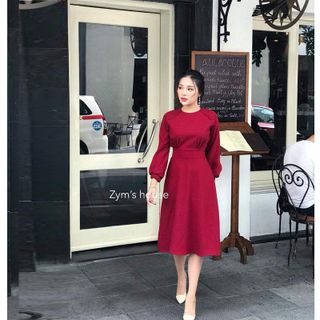 Đầm Đỏ Vintage Cổ Tròn Đính Nút Tay Dài Bồng