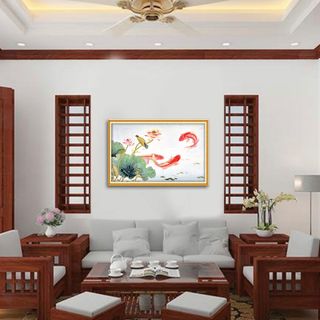 Tranh cá chép - Tranh cửu ngư quần hội - Tranh phong thủy - Tranh gỗ MDF