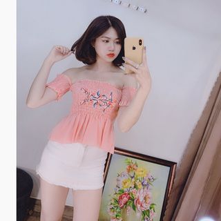 áo crop nhún bẹt thêu hoa