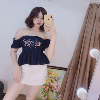 áo crop nhún bẹt thêu hoa