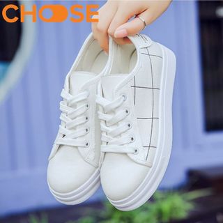 Giày Bata Nữ Ca Rô/ Sneaker Kẻ Sọc Đen Trắng Cột Dây Đế Độn 2cm 1408