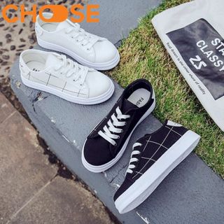 Giày Bata Nữ Ca Rô/ Sneaker Kẻ Sọc Đen Trắng Cột Dây Đế Độn 2cm 1408