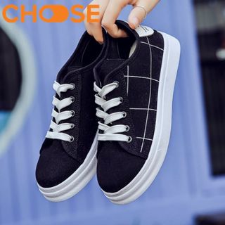 Giày Bata Nữ Ca Rô/ Sneaker Kẻ Sọc Đen Trắng Cột Dây Đế Độn 2cm 1408