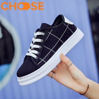 Giày Bata Nữ Ca Rô/ Sneaker Kẻ Sọc Đen Trắng Cột Dây Đế Độn 2cm 1408