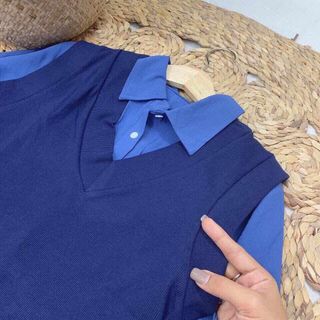 Set đầm sơ mi kèm khoát gile len cộc tay xanh dương MÃ SETDMTGGILE1710